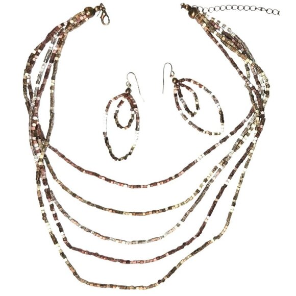 Vintage Necklace Multi-Strand Beaded & Dangle Earrings Set Tribal Boho Style - Picture 1 of 6